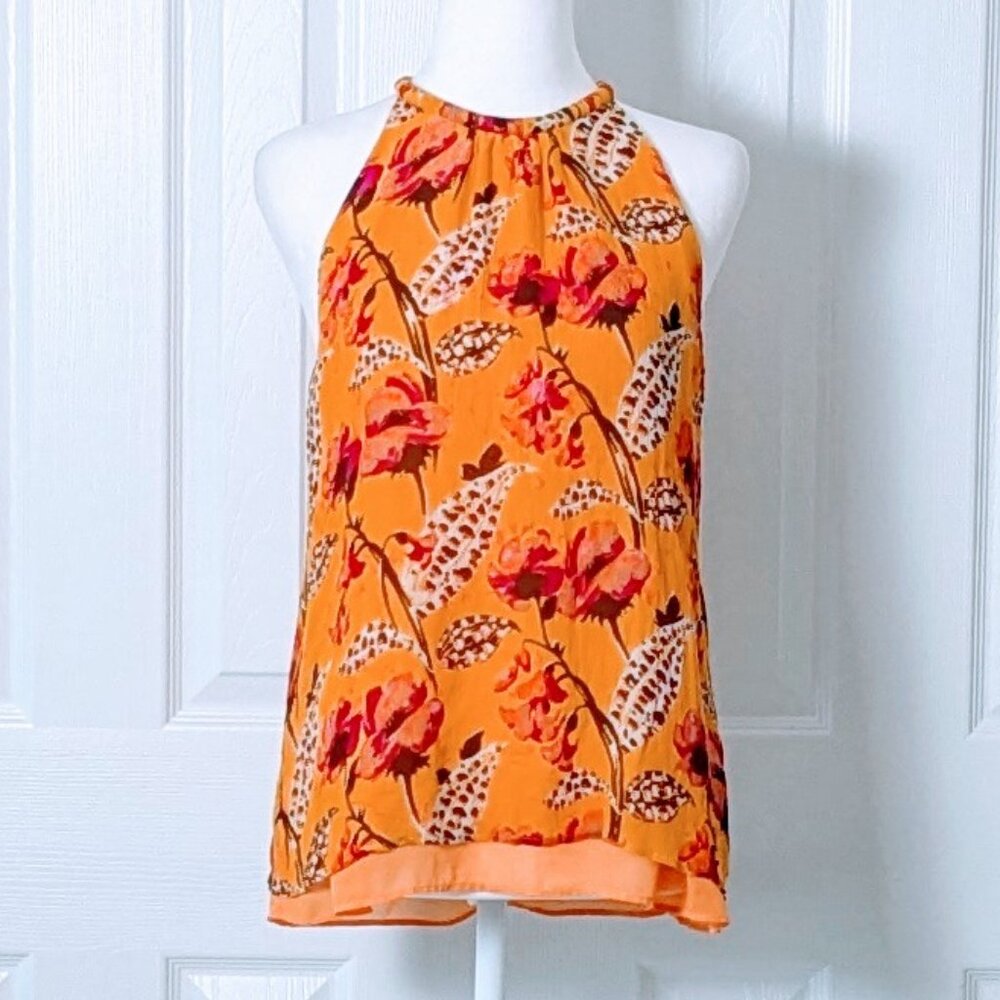 A.L.C. Women's Silk Crinkled Halter Top Blouse Size 6  Orange Pink Floral Print